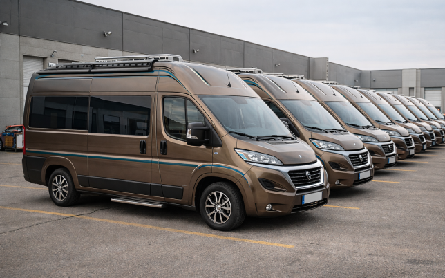 Flota de furgonetas camper preparadas para empresas de alquiler en entorno industrial